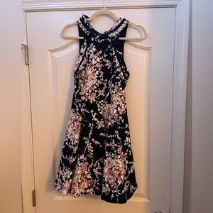 Navy Blue Floral High Neck Dress, Cute Dress, Pretty